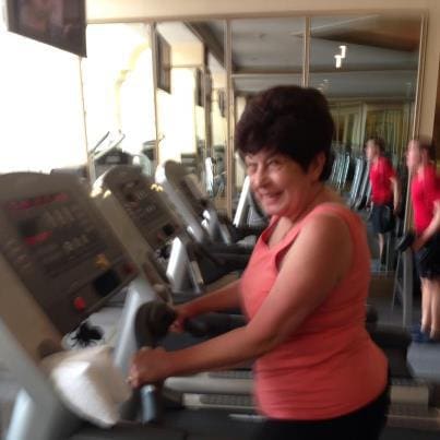 Minu taking care of herself and her heart -- working hard on the treadmill.