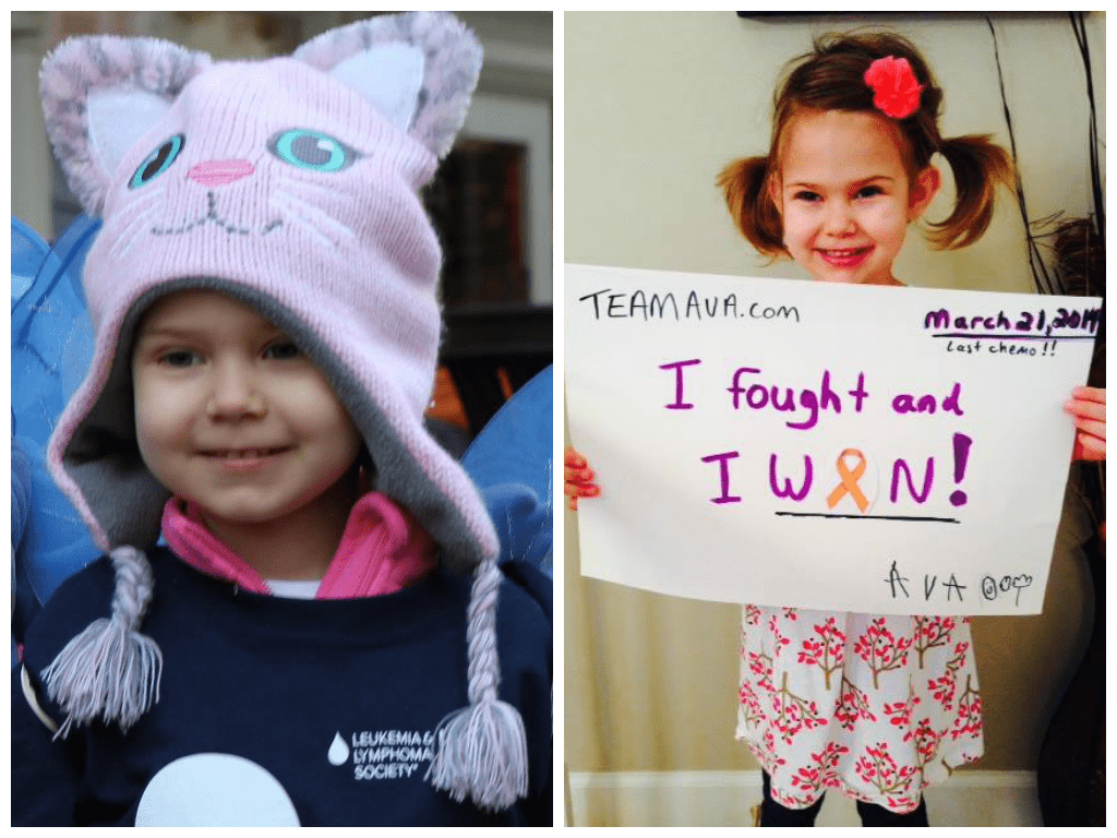 Left: Ava after being diagnosed. Right: Ava on her LAST day of chemo!!