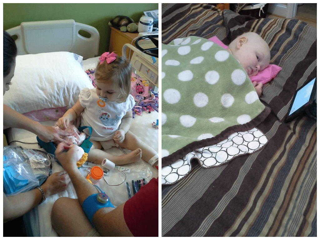 On the left, Kate after being diagnosed checking out the "tubies" that will be implanted in her port so that chemo can be given with less "pokes".  On the right, Kate having a particularly bad chemo week. Blankies and iPad time were all she was up for doing that week.